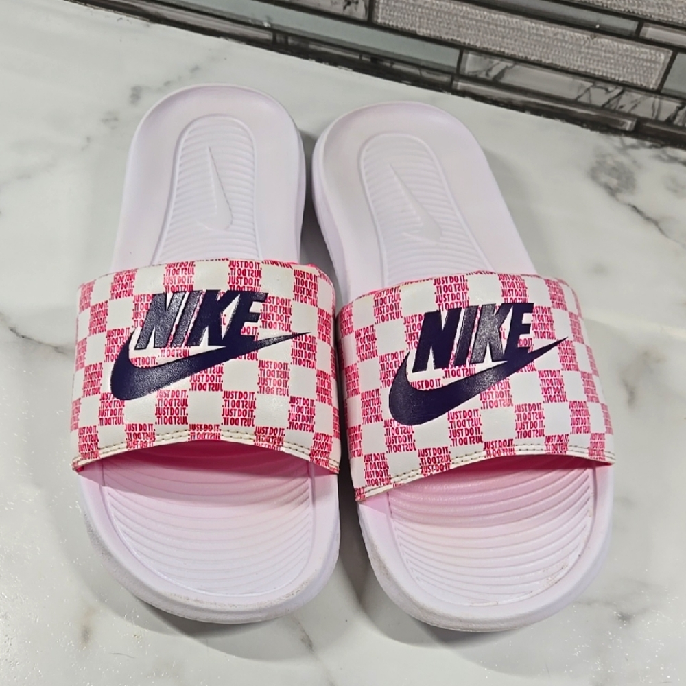 Nike Pink and Purple Checkered Slides